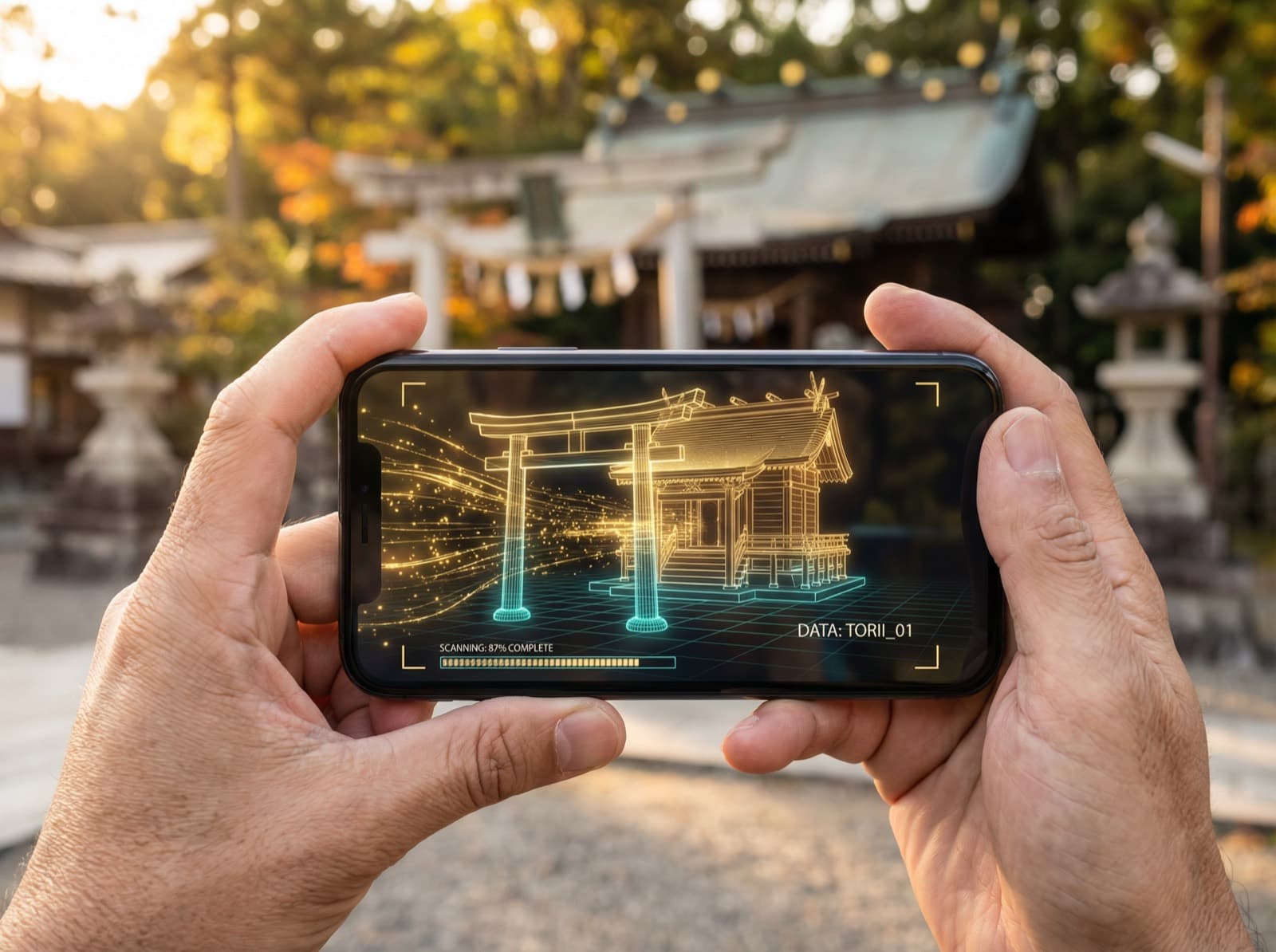 スマートフォンで根津神社の社殿を3Dスキャンする様子
